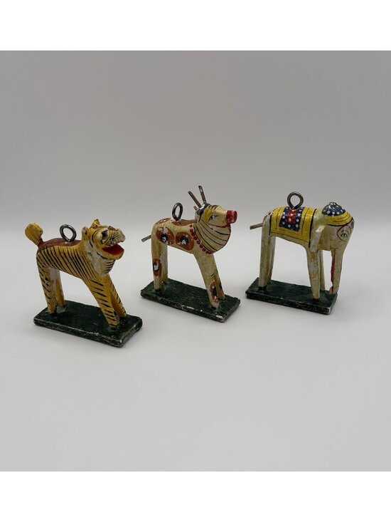 Handmade Other - Vintage Hand Painted Wood Animal Figurines India Folk Art Tiger Deer Elephant
